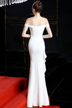 White Off Shoulder Long Prom Gown Evening Dress