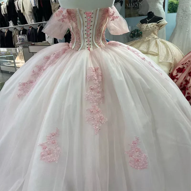 Pink Lace Quinceanera Dress Ball Gown Applique Lace Tulle Party Sweet 16 Dress