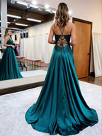 Elegant long a line satin prom dresses v neck split formal gown with lace appliques