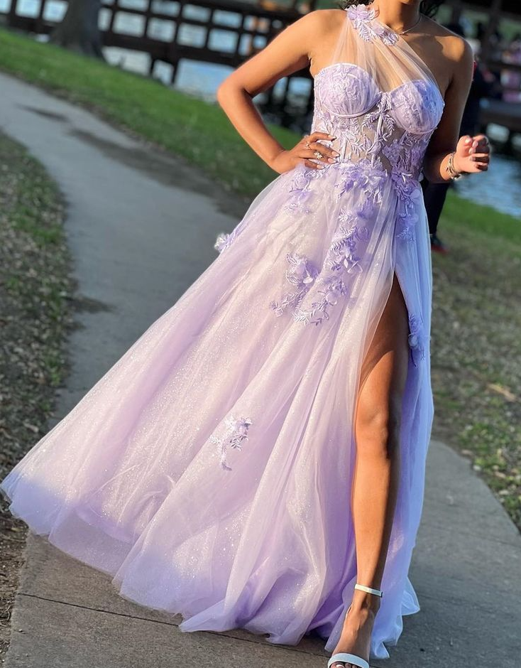 Dreamy Lavender Sheer Mesh One Shoulder Long Prom Gown