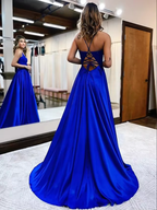 Elegant long a line satin prom dresses v neck split formal gown with lace appliques