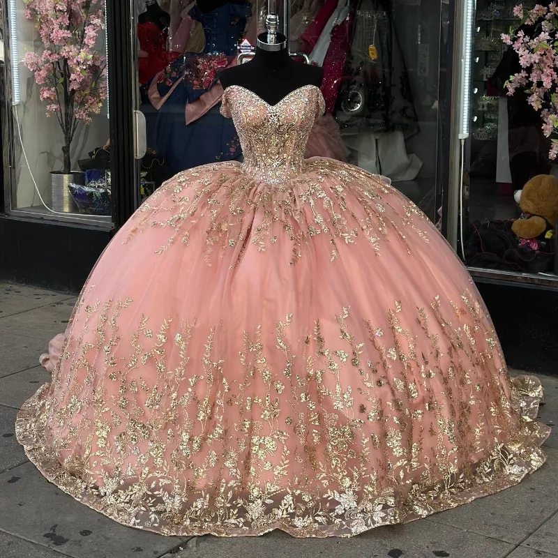 Pink Princess Quinceanera Dress with Off Shoulder Ball Gown
