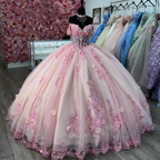 Quinceanera Ball Gown Pink Lace Applique 3D Floral Flower Off Shoulder Sweet 16 Dress