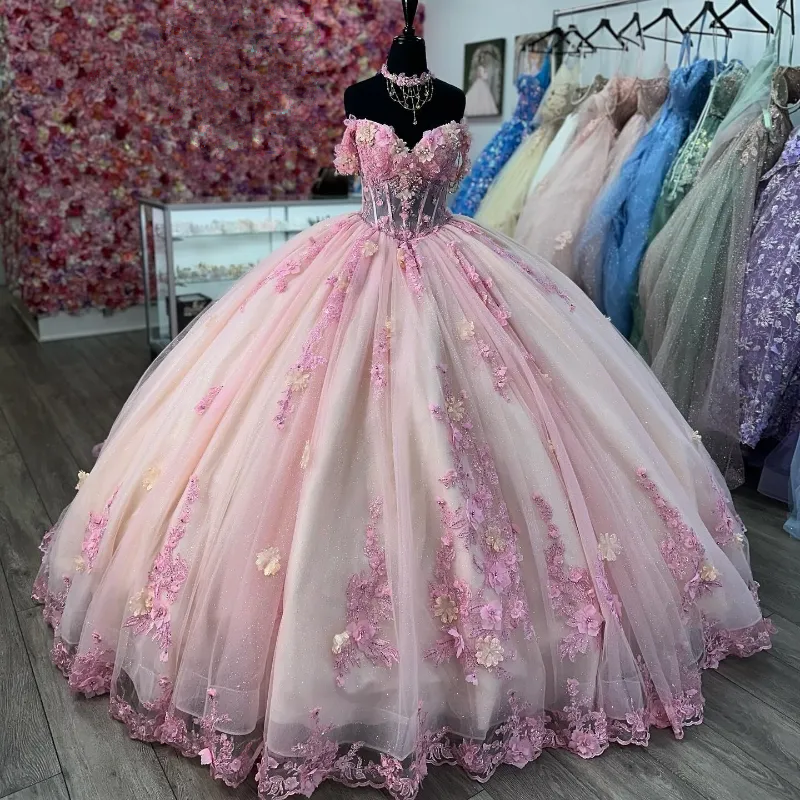 Quinceanera Ball Gown Pink Lace Applique 3D Floral Flower Off Shoulder Sweet 16 Dress