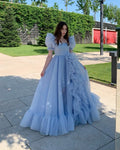 Blue Prom Dresses Short Puff Sleeves Ruffles Prom Party Gowns Princess Formal Dresses