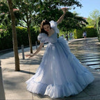 Blue Prom Dresses Short Puff Sleeves Ruffles Prom Party Gowns Princess Formal Dresses