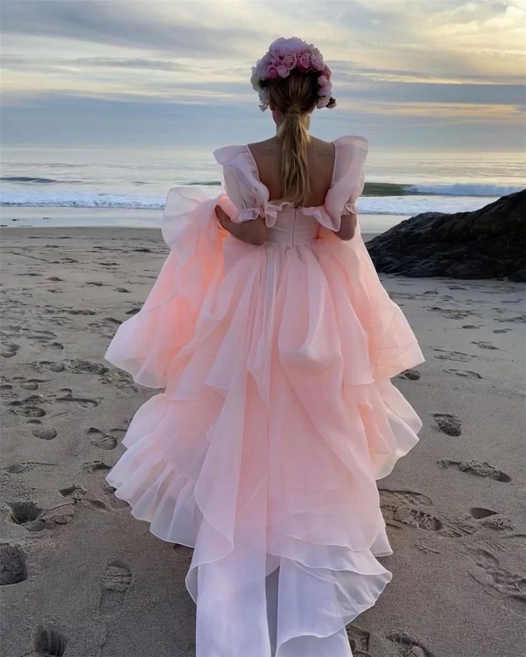 Pink Prom Dresses Short Puff Sleeves Ruffles Prom Party Gowns Princess Formal Dresses