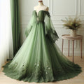 Green Off The Shoulder Wedding Dress Lace Applique V Neck Tulle Bridal Gown