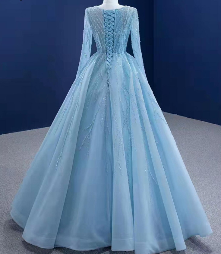 Tulle A Line Elegant Light Blue Evening Dress New O Neck Sequined Lace Formal Prom Gowns