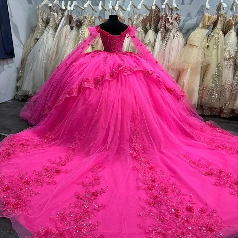 Quinceañera Off Shoulder Lace Appliques Tulle Ball Gown Dress with Cape for Sweet 16 Birthday