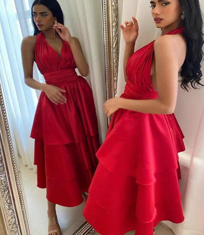 Elegant Short Satin Halter Evening Dresses Muslim Backless A Line Red Dress Formal Dress Pleated Tea Length Gowns