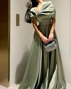 A Line Off Shoulder Sage Green Prom Dress Evening Formal Party Gowns