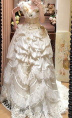 Elegant Lace Satin Wedding Dress Vintage Tiered Prom  Party Dress  cg26309