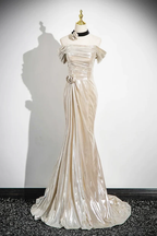 Charming Champagne Off The Shoulder Satin Prom Dress,Mermaid Evening Gown Y8202