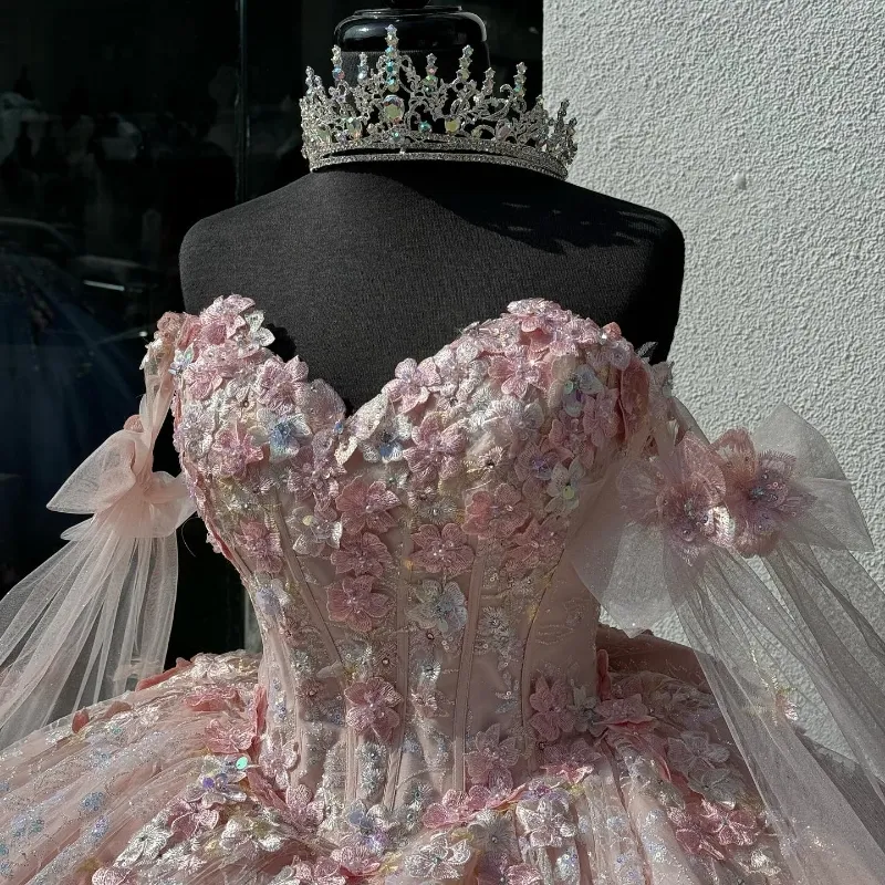 Light Pink Quinceanera Dress Off Shoulder Lace Appliques Ball Gown