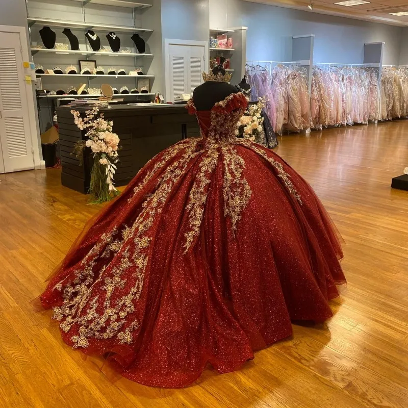 Dark Red Sequins Quinceanera Dresses 2024 Lace Up Ball Gown Prom Gowns