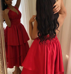 Elegant Short Satin Halter Evening Dresses Muslim Backless A Line Red Dress Formal Dress Pleated Tea Length Gowns