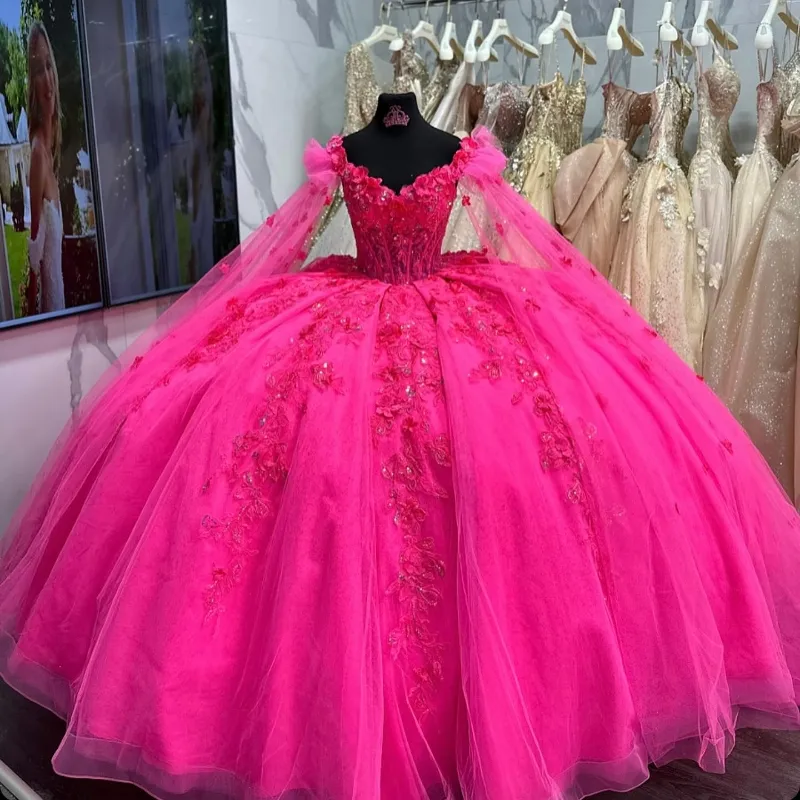 Quinceañera Off Shoulder Lace Appliques Tulle Ball Gown Dress with Cape for Sweet 16 Birthday