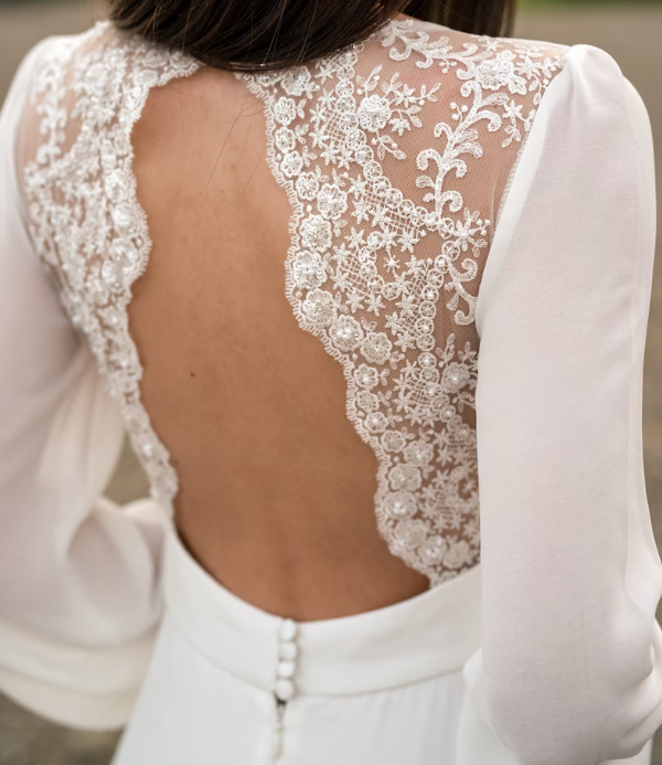 Ivory lace wedding dress long sleeve button back long train gown lace & chiffon Wedding Dresses