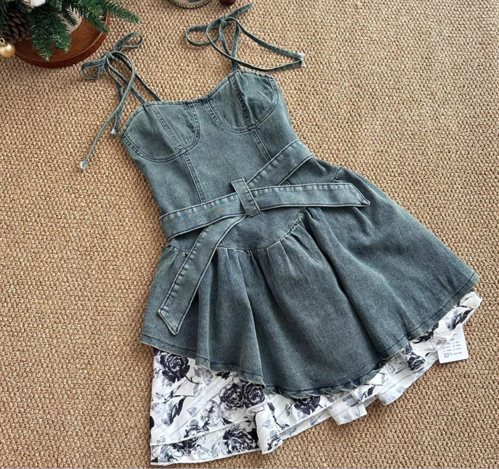 Original rose denim dress 2025 new slim hot girl suspender skirt high-end R2060