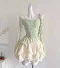 Summer sweet slim long sleeve lace hollow blouse suspender skirt R2010