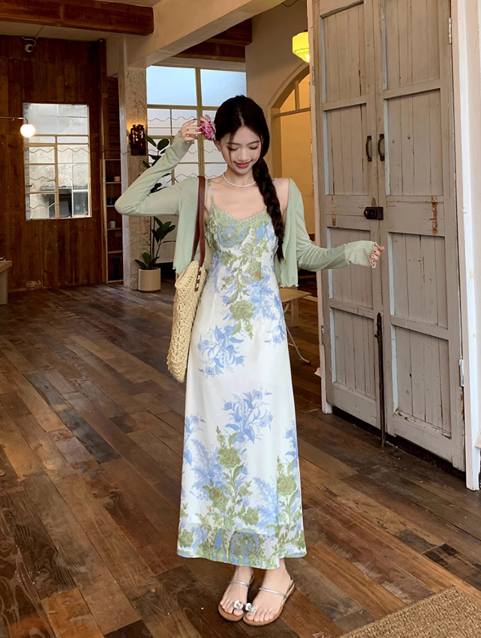Fairy New Chinese Retro Jacquard Suspender Skirt Flower Long Skirt Tea Break Dress R1759