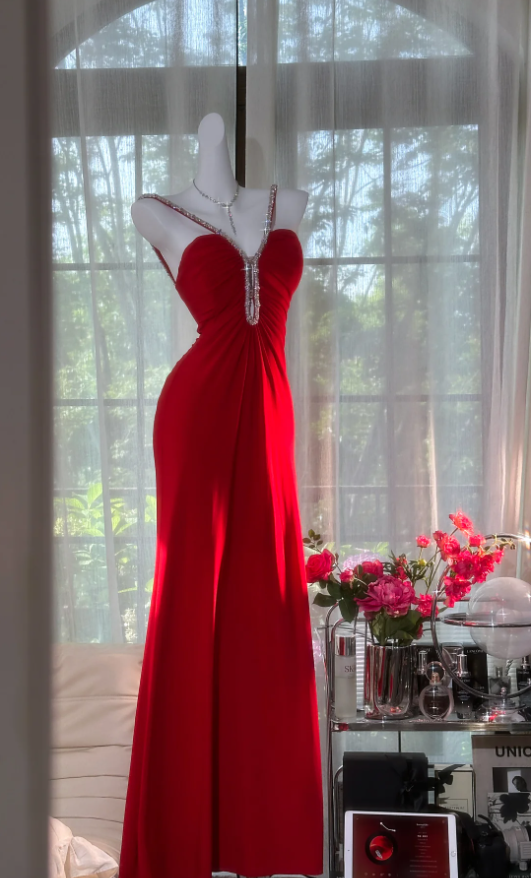 Charming Red Spaghetti Straps Chiffon Beaded Mermaid Evening Dress Backless Long Prom Gown