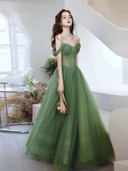 Green Sweetheart Neck Tulle Long Prom Dress, Green A line Formal Dresses Y1841