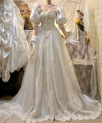 Charming Off The Shoulder White Satin Beaded Long Wedding Dress Bridal Gowns With Gloves