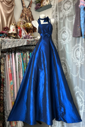 Retro Royal Blue Satin Bow A Line Long Birthday Party Dress Prom Gown