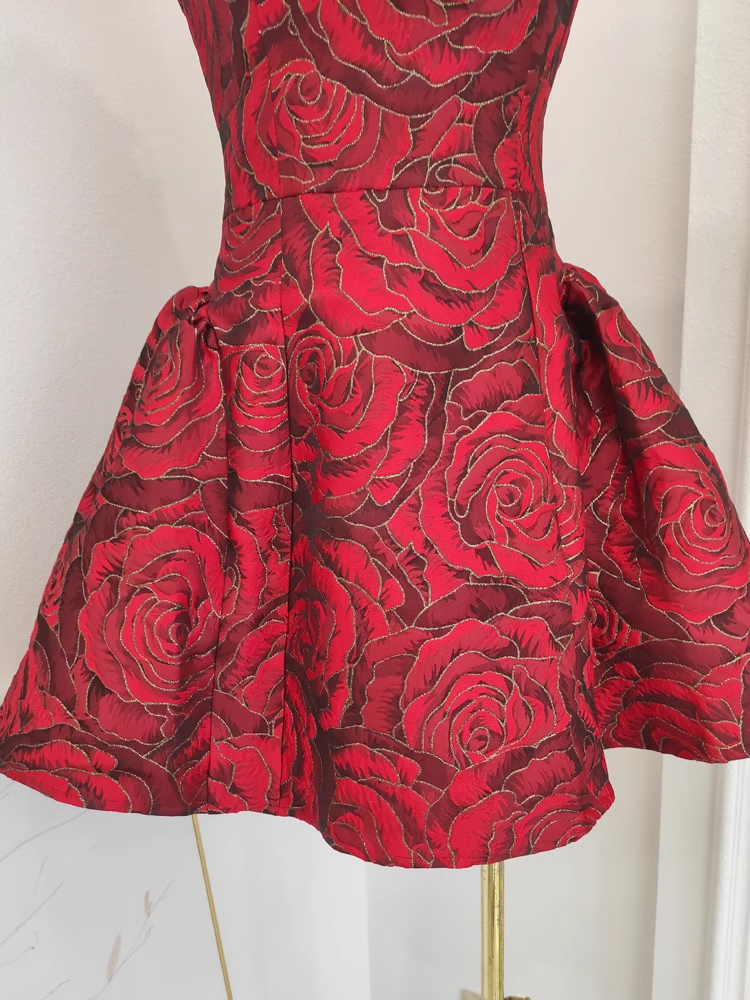 Cute Ball Gown Strapless Red Satin Floral Cocktail Dress Short Birthday Outfits