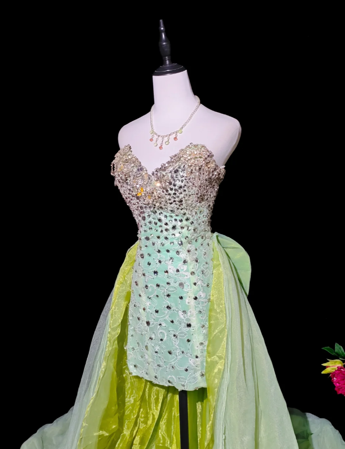 Unique Green Strapless Satin Tulle Beaded Long Birthday Party Dress Prom Gown