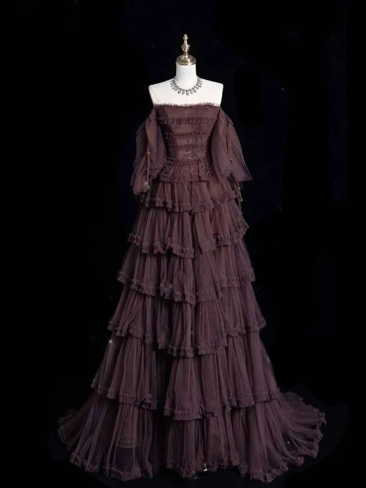 Chic Ball Gown Off The Shoulder Long Sleeves Evening Dress Tulle Long Prom Dresses