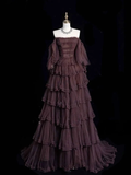Chic Ball Gown Off The Shoulder Long Sleeves Evening Dress Tulle Long Prom Dresses