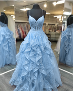 Spaghetti Staps Lilac Prom Dresses Evening Gowns with Sheer Bodice