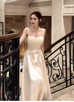 Pretty Bow Satin Lace A Line Long Evening Dress White Wedding Guest Dress SP1540
