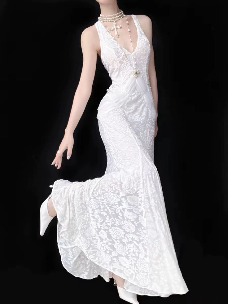 Classy V Neck White Lace Mermaid Long Evening Dress Party Gown