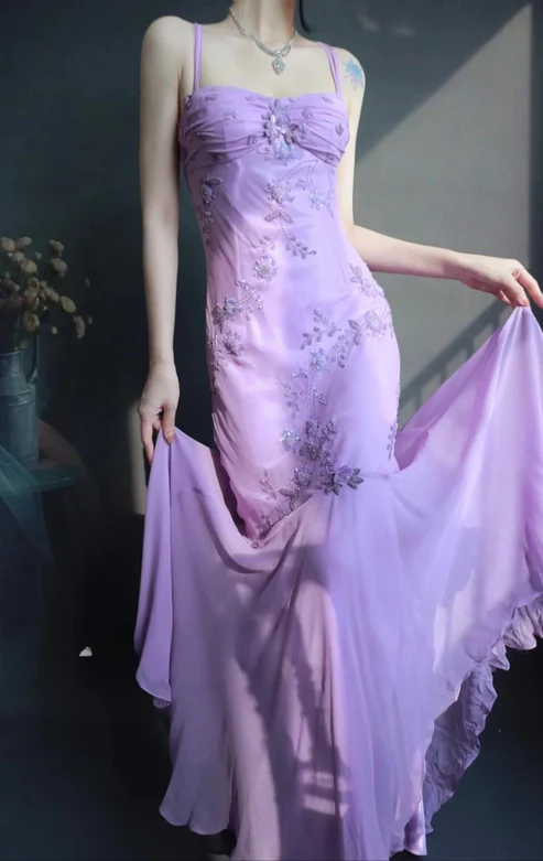 Classy Spaghetti Straps Lavender Chiffon Beaded Mermaid Evening Gown Long Prom Dress