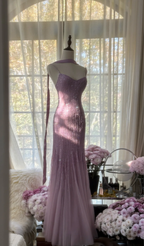 Elegant Spaghetti Straps Purple Chiffon Beaded Mermaid Long Party Dress Evening Gown