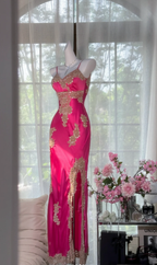 Pretty Hot Pink Spaghetti Straps V Neck Satin Lace Appliques Slit Long Prom Dress Birthday Party Gown