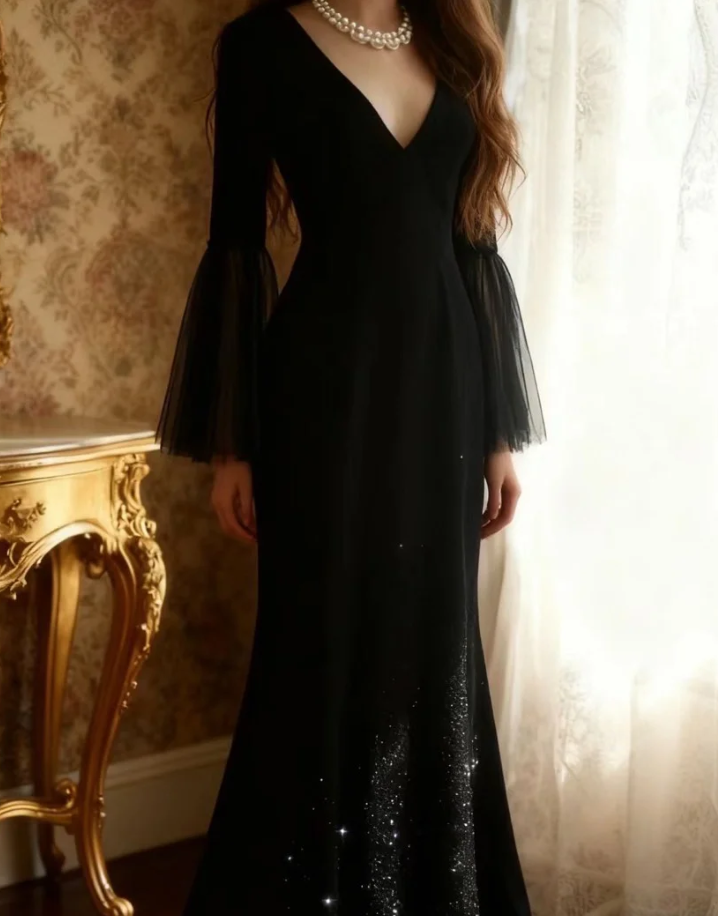 Elegant Black V Neck Satin Sequin Mermaid Party Dress Birthday Prom Gown