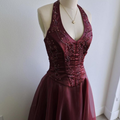 Charming Halter V Neck Burgundy Satin Tulle Beaded A Line Long Wedding Guest Dress Evening Gown