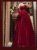 Vintage Strapless Red Velvet Sequin Beaded Long Evening Gown Party Dress