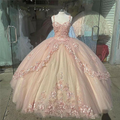 Pink Sparkly Quinceanera Prom Dresses Lace Flower Sweet 16 Tulle Party Ball Gown Y57