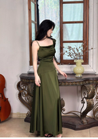 Vintage Olive Green Satin Slit Long Prom Dress Birthday Party Dress SP2008