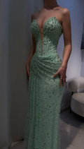 Sparkly Strapless Green Sequin Beaded Mermaid Evening Dress Long Prom Gowns SP391