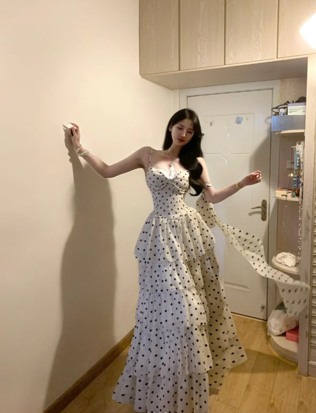 Cute Spaghetti Straps White Chiffon Dot Layered A Line Long Prom Gown Formal Birthday Party Dress