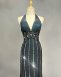 Gorgeous Halter V Neck Peacock Blue Satin Beaded Mermaid Long Evening Dress Backless Prom Gown SP1384
