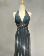 Gorgeous Halter V Neck Peacock Blue Satin Beaded Mermaid Long Evening Dress Backless Prom Gown SP1384