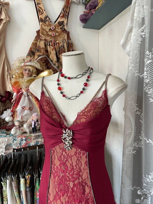 V Neck Lace Burgundy Long Prom Dress Mermaid Evening Party Gown